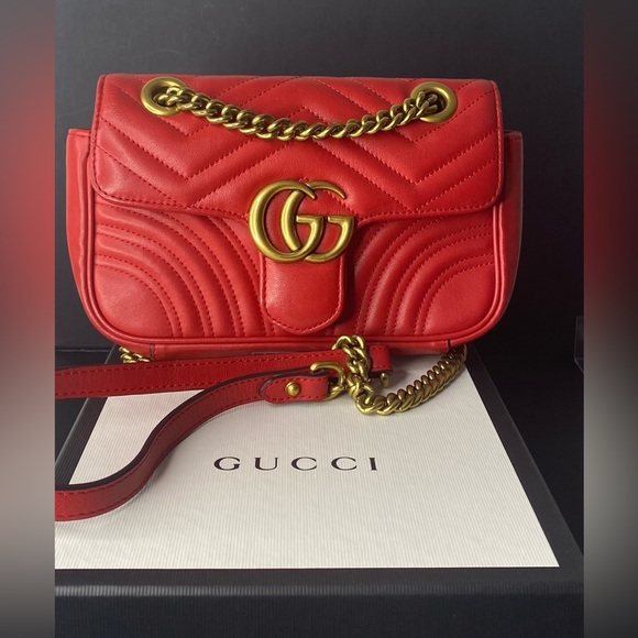 Gucci Handbags - Gucci GG Marmont shoulder bag in deep red matelassé chevron nappa leather.